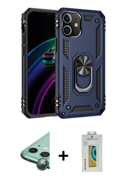 ieg™ iPhone 12 Kılıf Ahenk Klasik Koleksiyonu - Siyah Polymer Nano Ekran Koruyucu + Yeşil Raze Metal