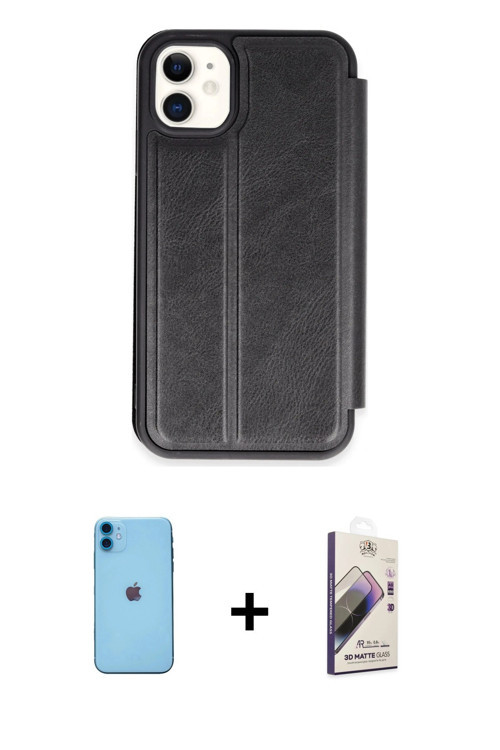 ieg™ iPhone 11 Kılıf Zirve Yansıma Serisi - Siyah Bilvis 3D Mat Cam Ekran Koruyucu + Mavi Neon Fosfo