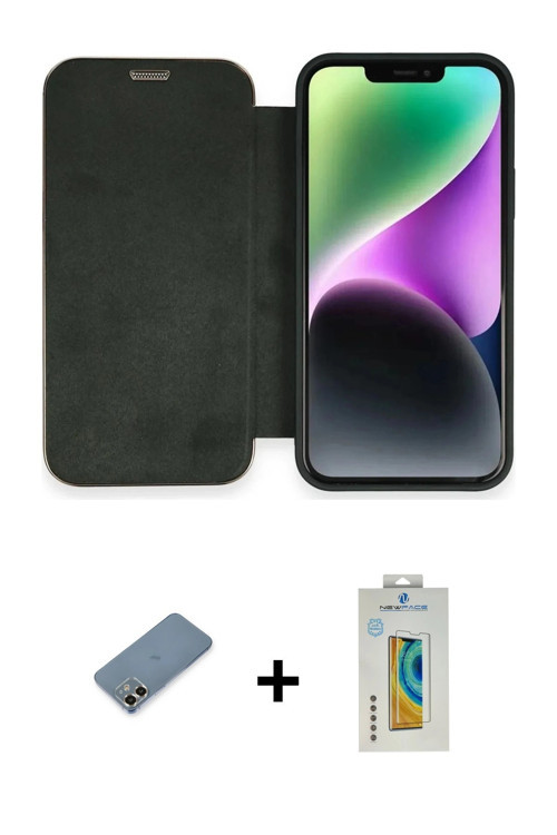 ieg™ iPhone 12 Kılıf Siluet Minimal Serisi - Siyah Polymer Nano Ekran Koruyucu + Gold Metal Kamera L
