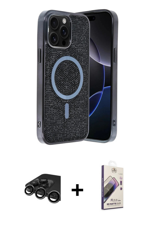 iPhone 15 Pro Max Kılıf Eksen Çizgi - Siyah Bilvis 3D Mat Cam Ekran Koruyucu + Titanyum Gri Raz