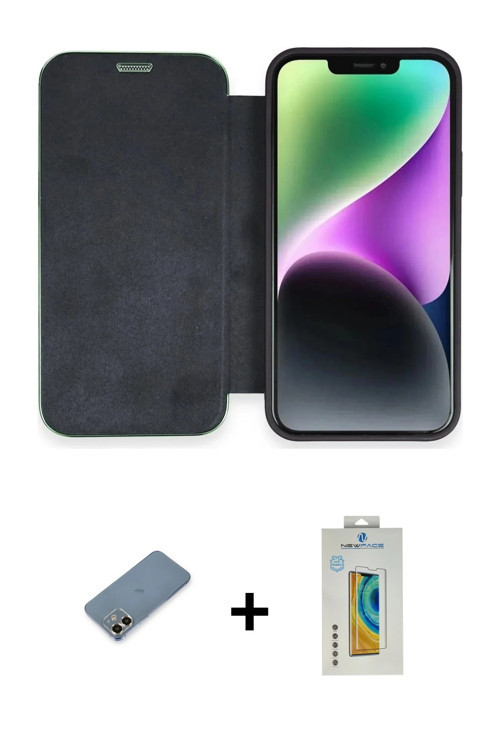 ieg™ iPhone 12 Kılıf Siluet Minimal Serisi - Siyah Polymer Nano Ekran Koruyucu + Gold Metal Kamera L