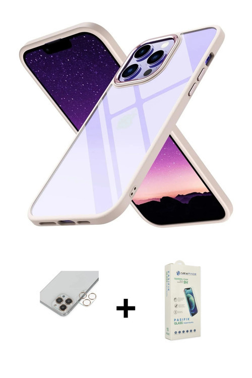 iPhone 14 Pro Max Kılıf Nova Işık Serisi - Şeffaf Pasifik Cam Ekran Koruyucu + Gold Band Metal