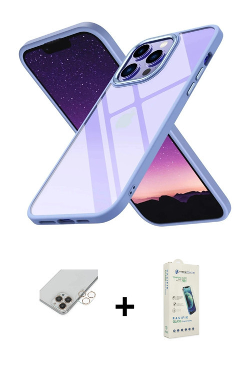 iPhone 14 Pro Max Kılıf Nova Işık Serisi - Şeffaf Pasifik Cam Ekran Koruyucu + Gold Band Metal