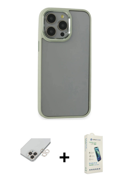 iPhone 14 Pro Max Kılıf Nova Işık Serisi - Şeffaf Pasifik Cam Ekran Koruyucu + Gold Band Metal