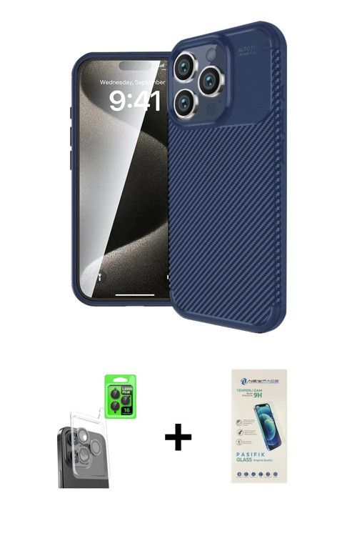 iPhone 16 Pro Kılıf Eksen Form Prime - Şeffaf Pasifik Cam Ekran Koruyucu + Siyah Raze Metal Kam