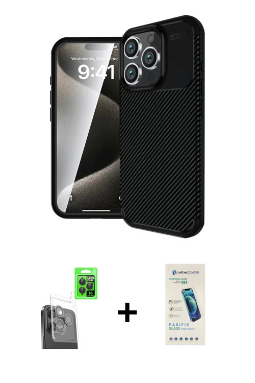 iPhone 16 Pro Kılıf Eksen Form Prime - Şeffaf Pasifik Cam Ekran Koruyucu + Siyah Raze Metal Kam