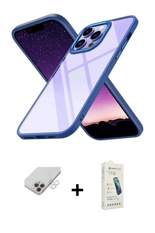 iPhone 14 Pro Max Kılıf Nova Işık Serisi - Şeffaf Pasifik Cam Ekran Koruyucu + Gold Band Metal
