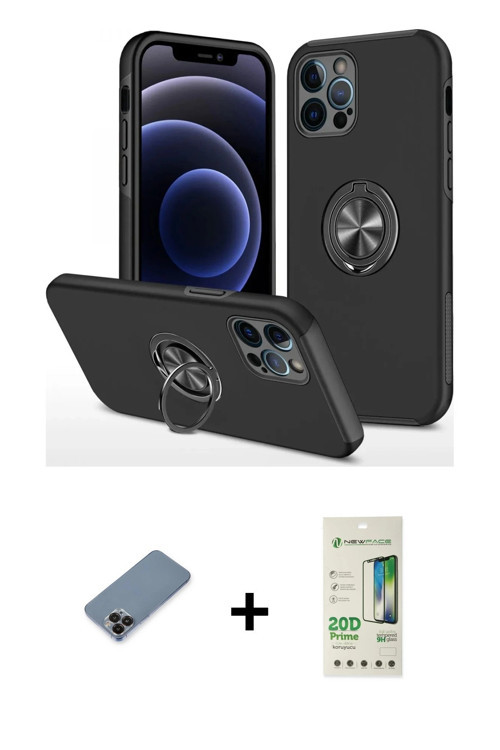 iPhone 12 Pro Max Kılıf Odak Form Prime - Siyah 20D Premium Cam Ekran Koruyucu + Siyah Metal Ka