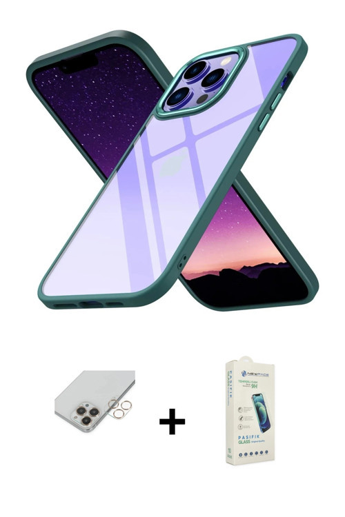 iPhone 14 Pro Max Kılıf Nova Işık Serisi - Şeffaf Pasifik Cam Ekran Koruyucu + Gold Band Metal