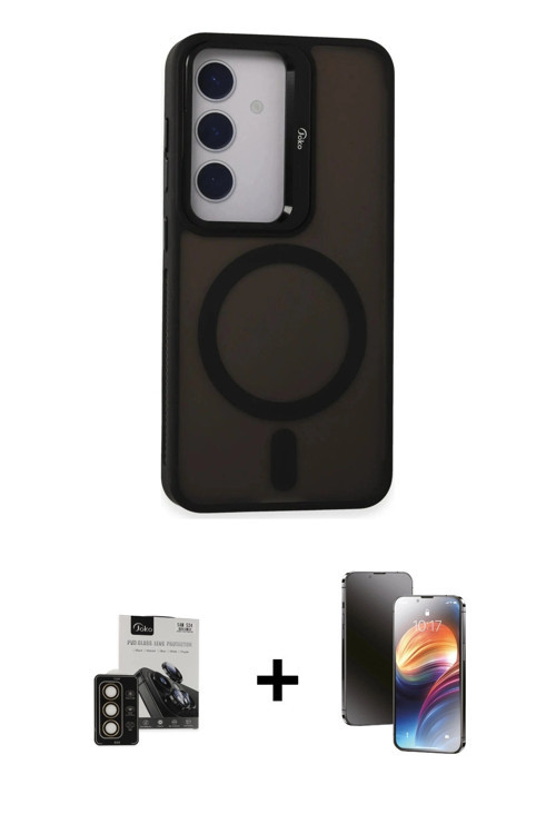 Galaxy S24 Kılıf Akış Form - Siyah 3D Antistatik Mat Seramik Nano Ekran Koruyucu + Gold PVD Met