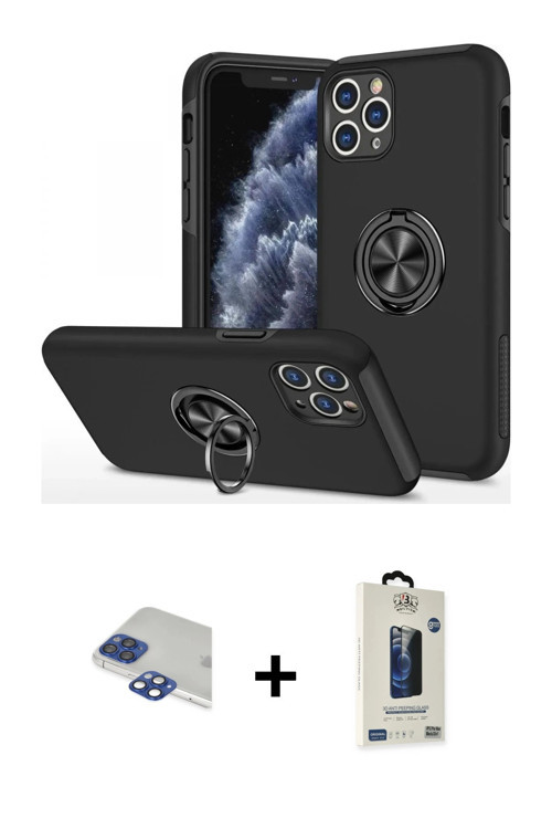 iPhone 11 Pro Max Kılıf Odak Form Prime - Siyah Bilvis Hayalet Cam Ekran Koruyucu + Lacivert Pe