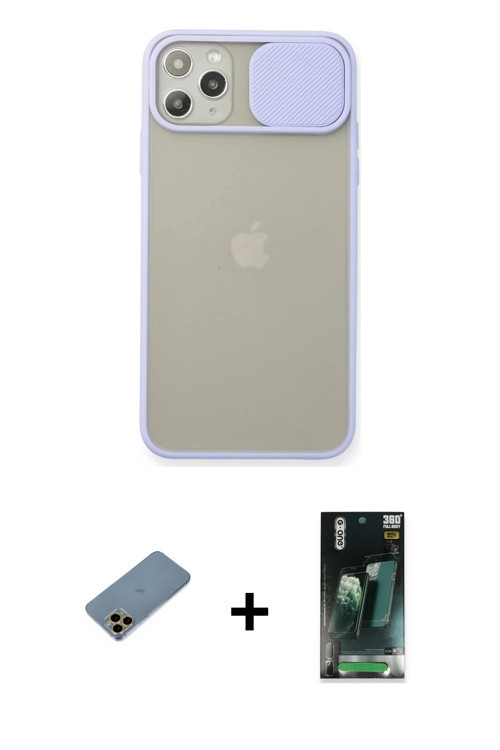 iPhone 11 Pro Max Kılıf Vadi Çizgi - Şeffaf 360 Full Body Arka Koruyucu + Gold Shine Kamera Len