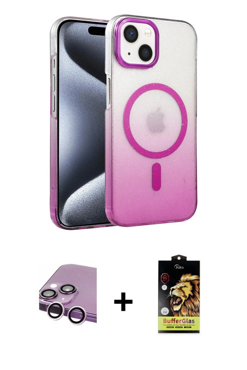 iPhone 14 Kılıf Ahenk Doku Özel Seri - Siyah Buffer Cam Ekran Koruyucu + Mor Raze Metal Kamera