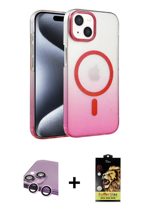 iPhone 14 Kılıf Ahenk Doku Özel Seri - Siyah Buffer Cam Ekran Koruyucu + Mor Raze Metal Kamera