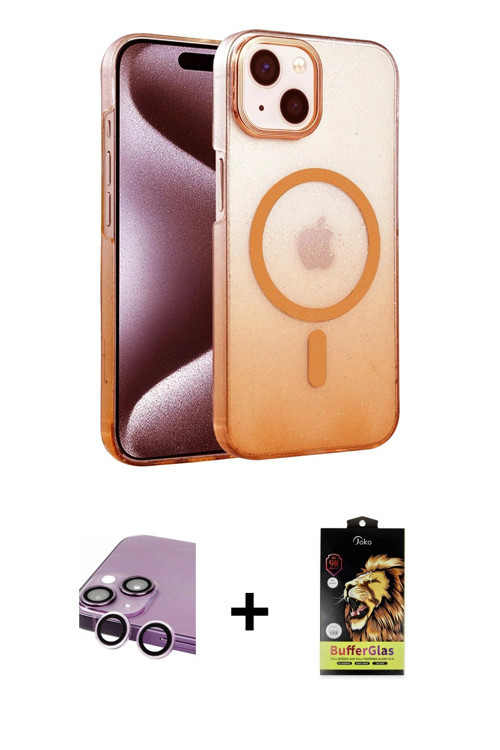 iPhone 14 Kılıf Ahenk Doku Özel Seri - Siyah Buffer Cam Ekran Koruyucu + Mor Raze Metal Kamera