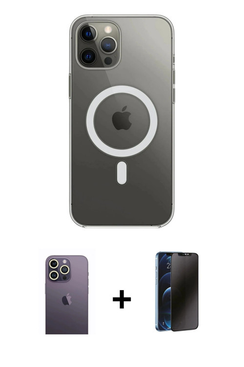 iPhone 12 Pro Max Kılıf Ahenk Yansıma Prime - Siyah 3D Antistatik Hayalet Cam Ekran Koruyucu +
