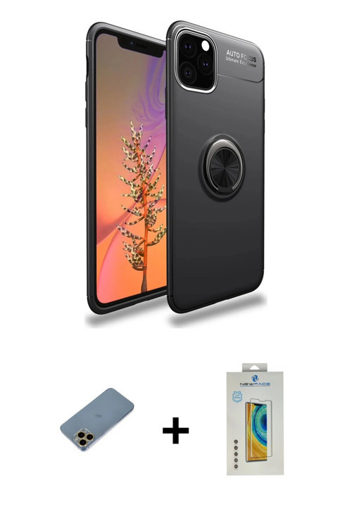 iPhone 11 Pro Kılıf Yankı Form Prime - Siyah Polymer Nano Ekran Koruyucu + Gold Shine Kamera Le