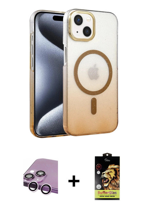 iPhone 14 Kılıf Ahenk Doku Özel Seri - Siyah Buffer Cam Ekran Koruyucu + Mor Raze Metal Kamera