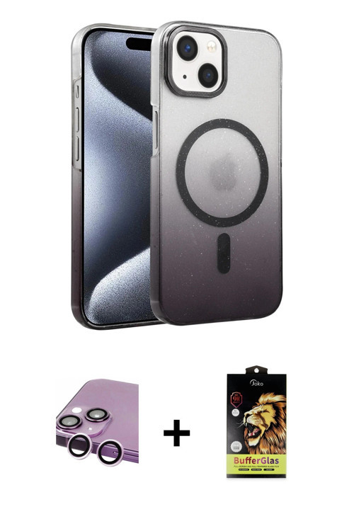 iPhone 14 Kılıf Ahenk Doku Özel Seri - Siyah Buffer Cam Ekran Koruyucu + Mor Raze Metal Kamera