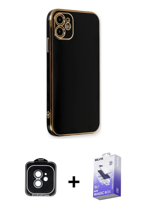 iPhone 11 Kılıf Yankı Serisi - Siyah Bilvis 5in1 5D Magic Hayalet Cam Ekran Koruyucu + Yeşil PV