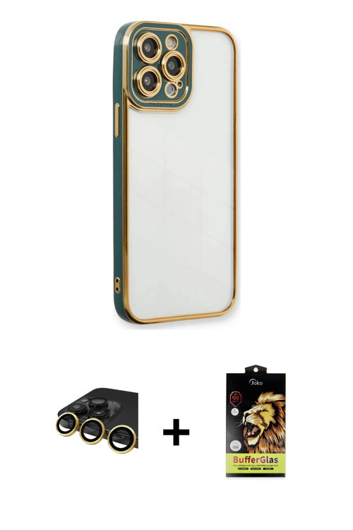 ieg™ iPhone 14 Pro Kılıf Çekirdek Klasik Serisi - Siyah Buffer Cam Ekran Koruyucu + Gold Raze Metal