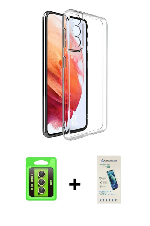 Galaxy S23 Kılıf Zirve Doku - Şeffaf Pasifik Cam Ekran Koruyucu + Sarı Raze Metal Kamera Lens