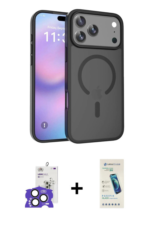 iPhone 17 Pro Max Kılıf Siluet Minimal Prime - Şeffaf Pasifik Cam Ekran Koruyucu + Natural Grey