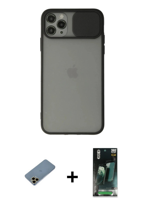 iPhone 11 Pro Max Kılıf Vadi Çizgi - Şeffaf 360 Full Body Arka Koruyucu + Gold Shine Kamera Len