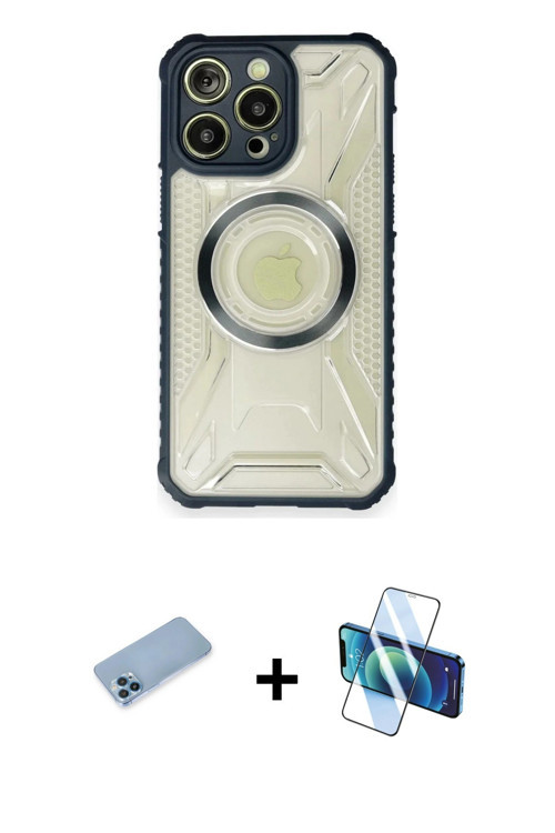 iPhone 12 Pro Kılıf Kutup Modern - Siyah 3D Antistatik Seramik Nano Ekran Koruyucu + Mavi Shine