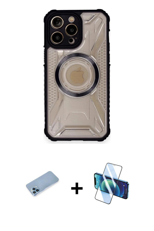 iPhone 12 Pro Kılıf Kutup Modern - Siyah 3D Antistatik Seramik Nano Ekran Koruyucu + Mavi Shine