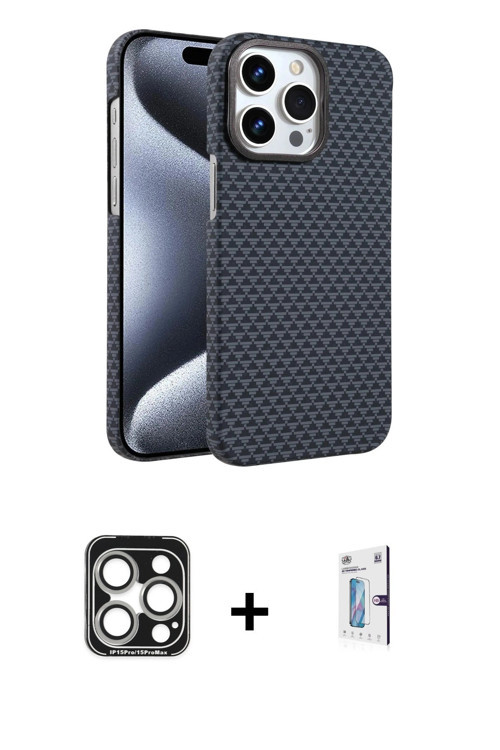 ieg™ iPhone 15 Pro Max Kılıf Doruk Serisi - Siyah Bilvis 0.18mm Plus Cam Ekran Koruyucu + Gümüş PVD