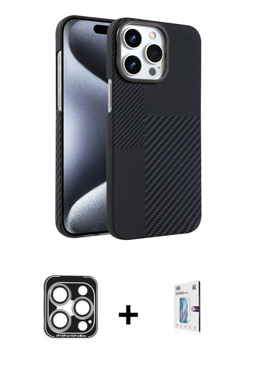 ieg™ iPhone 15 Pro Max Kılıf Doruk Serisi - Siyah Bilvis 0.18mm Plus Cam Ekran Koruyucu + Gümüş PVD