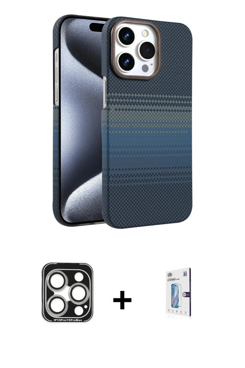 ieg™ iPhone 15 Pro Max Kılıf Doruk Serisi - Siyah Bilvis 0.18mm Plus Cam Ekran Koruyucu + Gümüş PVD