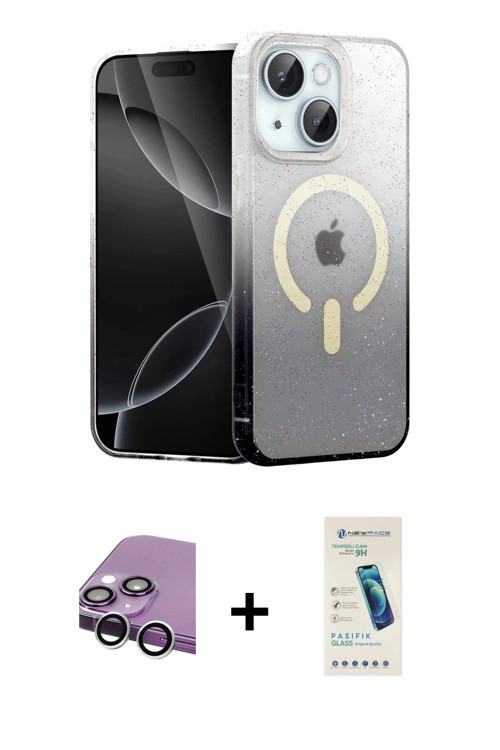 ieg™ iPhone 14 Kılıf Eksen Minimal Özel Seri - Şeffaf Pasifik Cam Ekran Koruyucu + Gümüş Raze Metal