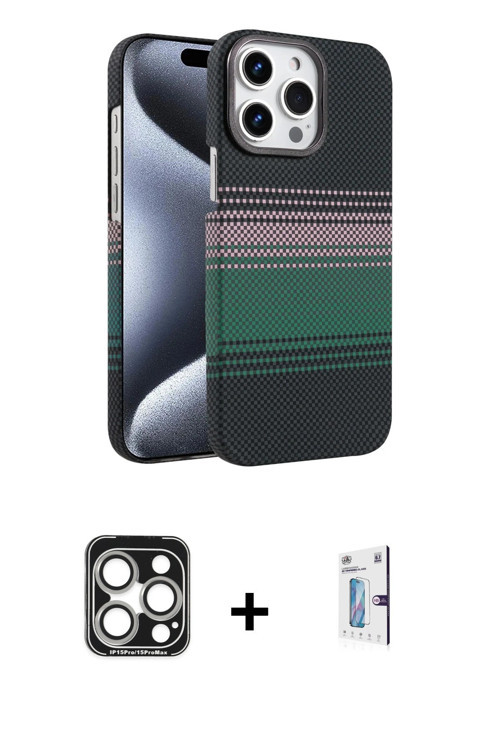 ieg™ iPhone 15 Pro Max Kılıf Doruk Serisi - Siyah Bilvis 0.18mm Plus Cam Ekran Koruyucu + Gümüş PVD
