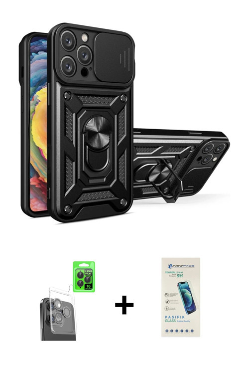 ieg™ iPhone 16 Pro Max Kılıf Ahenk Klasik - Şeffaf Pasifik Cam Ekran Koruyucu + Siyah Raze Metal Kam