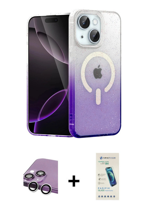 ieg™ iPhone 14 Kılıf Eksen Minimal Özel Seri - Şeffaf Pasifik Cam Ekran Koruyucu + Gümüş Raze Metal