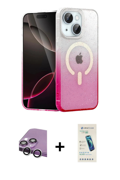 ieg™ iPhone 14 Kılıf Eksen Minimal Özel Seri - Şeffaf Pasifik Cam Ekran Koruyucu + Gümüş Raze Metal