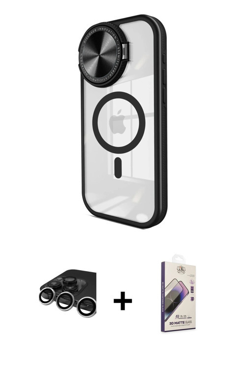iPhone 15 Pro Max Kılıf Kıvılcım Modern Koleksiyonu - Siyah Bilvis 3D Mat Cam Ekran Koruyucu +