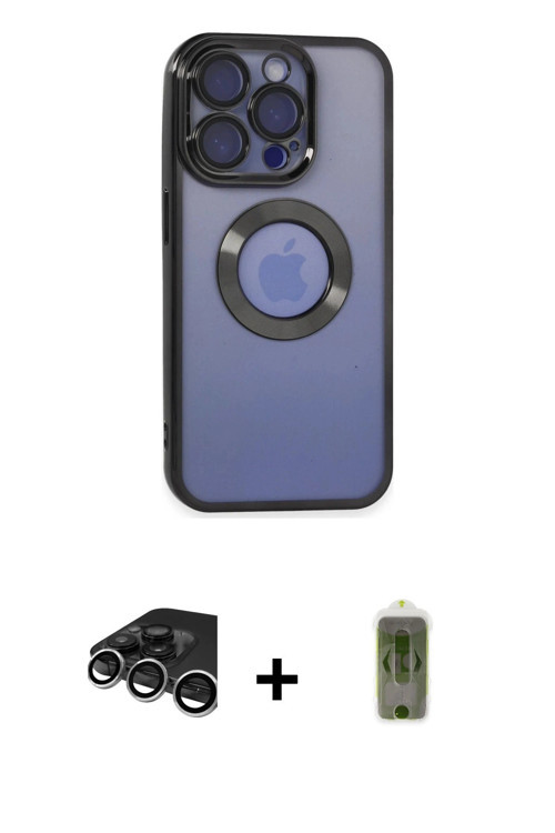 iPhone 15 Pro Max Kılıf Pusula Form - Siyah Joko Magic 5D Hayalet Cam + Gümüş Raze Metal Kamera