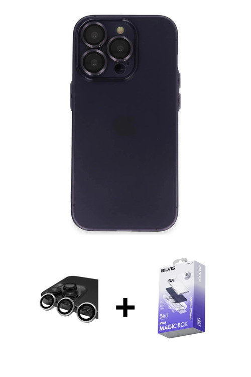 iPhone 14 Pro Max Kılıf Ufuk Minimal Özel Seri - Siyah Bilvis 5in1 5D Magic Hayalet Cam Ekran K