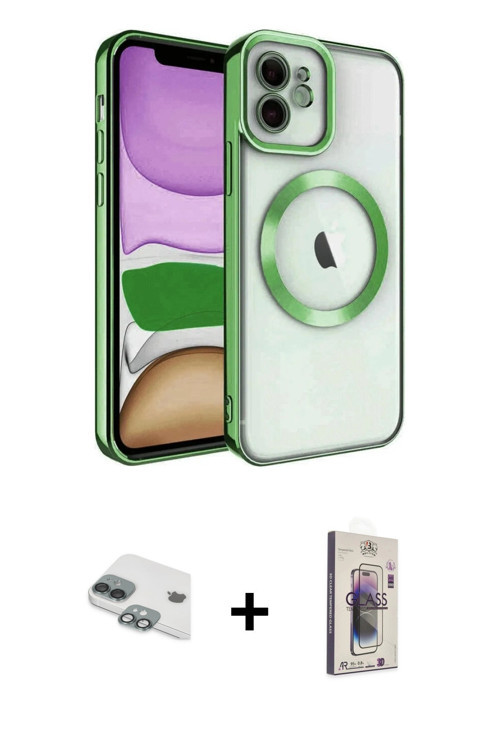 iPhone 11 Kılıf Nova Işık Özel Seri - Siyah Bilvis 3D Cam Ekran Koruyucu + Yeşil Pers Alüminyum
