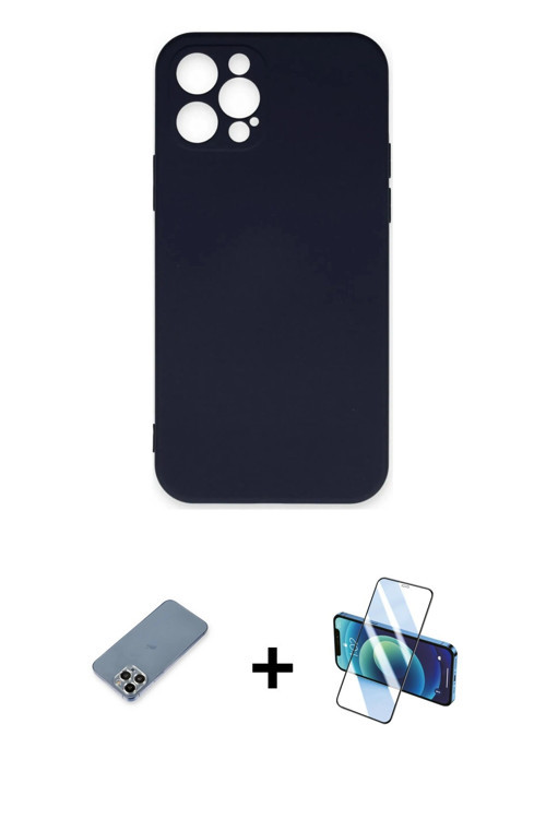 iPhone 12 Pro Max Kılıf Ahenk Serisi - Siyah 3D Antistatik Seramik Nano Ekran Koruyucu + Gümüş