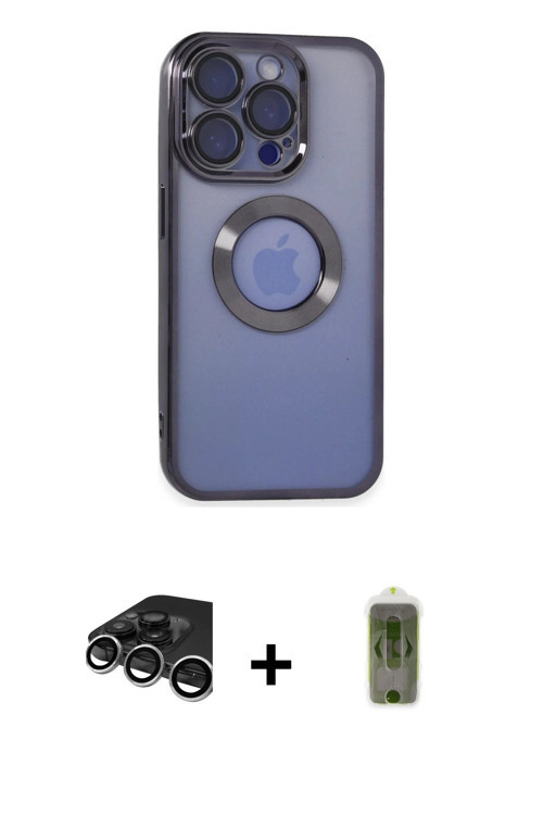 iPhone 15 Pro Max Kılıf Pusula Form - Siyah Joko Magic 5D Hayalet Cam + Gümüş Raze Metal Kamera