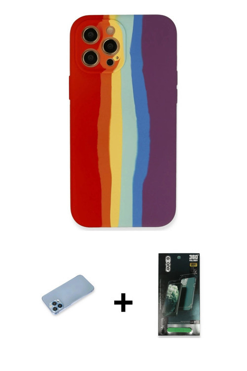 iPhone 12 Pro Max Kılıf Yadigar Çizgi - Şeffaf 360 Full Body Arka Koruyucu + Mavi Shine Kamera