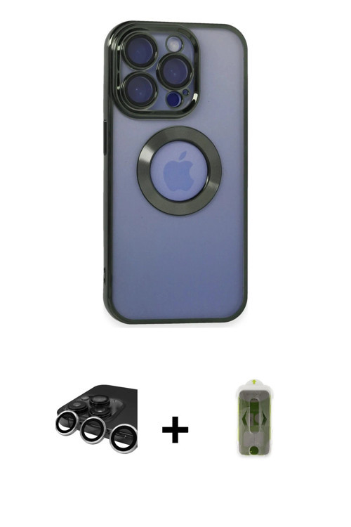 iPhone 15 Pro Max Kılıf Pusula Form - Siyah Joko Magic 5D Hayalet Cam + Gümüş Raze Metal Kamera