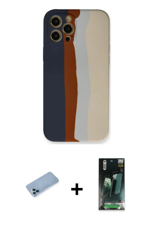 iPhone 12 Pro Max Kılıf Yadigar Çizgi - Şeffaf 360 Full Body Arka Koruyucu + Mavi Shine Kamera