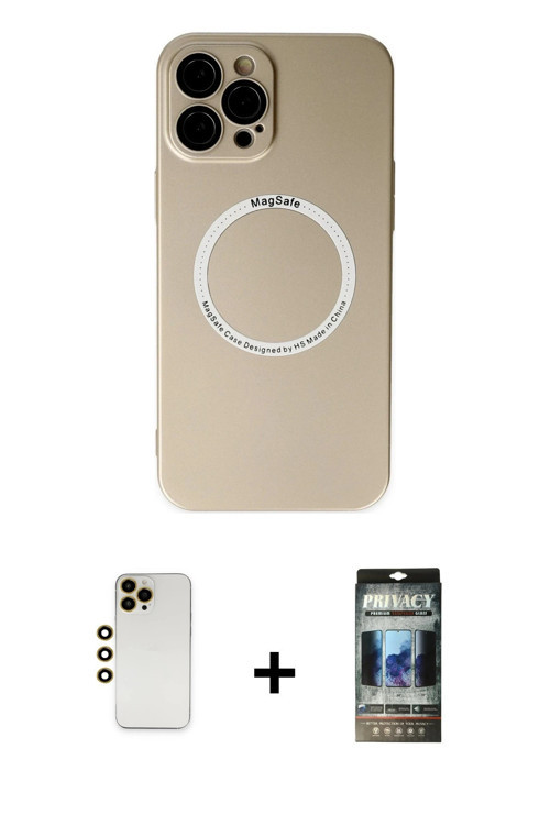 iPhone 12 Pro Kılıf Zirve Klasik Prime - Siyah 34D Hayalet Izgaralı Cam + Gold Shine Kamera Len