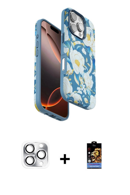 ieg™ iPhone 16 Pro Max Kılıf Siluet Doku - Siyah Buffer Hayalet Cam Ekran Koruyucu + Gümüş Pers Alüm