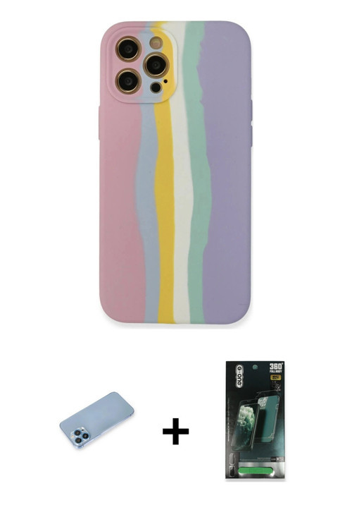 iPhone 12 Pro Max Kılıf Yadigar Çizgi - Şeffaf 360 Full Body Arka Koruyucu + Mavi Shine Kamera